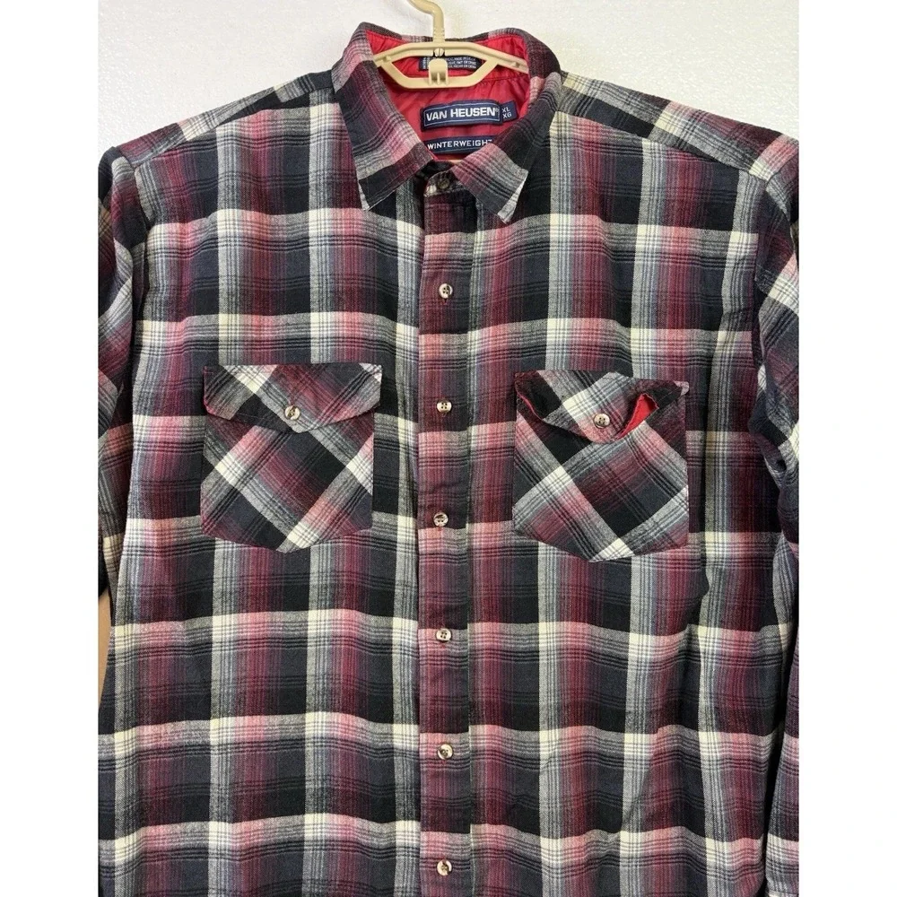 Vintage Van Heusen Mens XL Red Gray‎ Plaid Winterweight Flannel Shirt Shacket